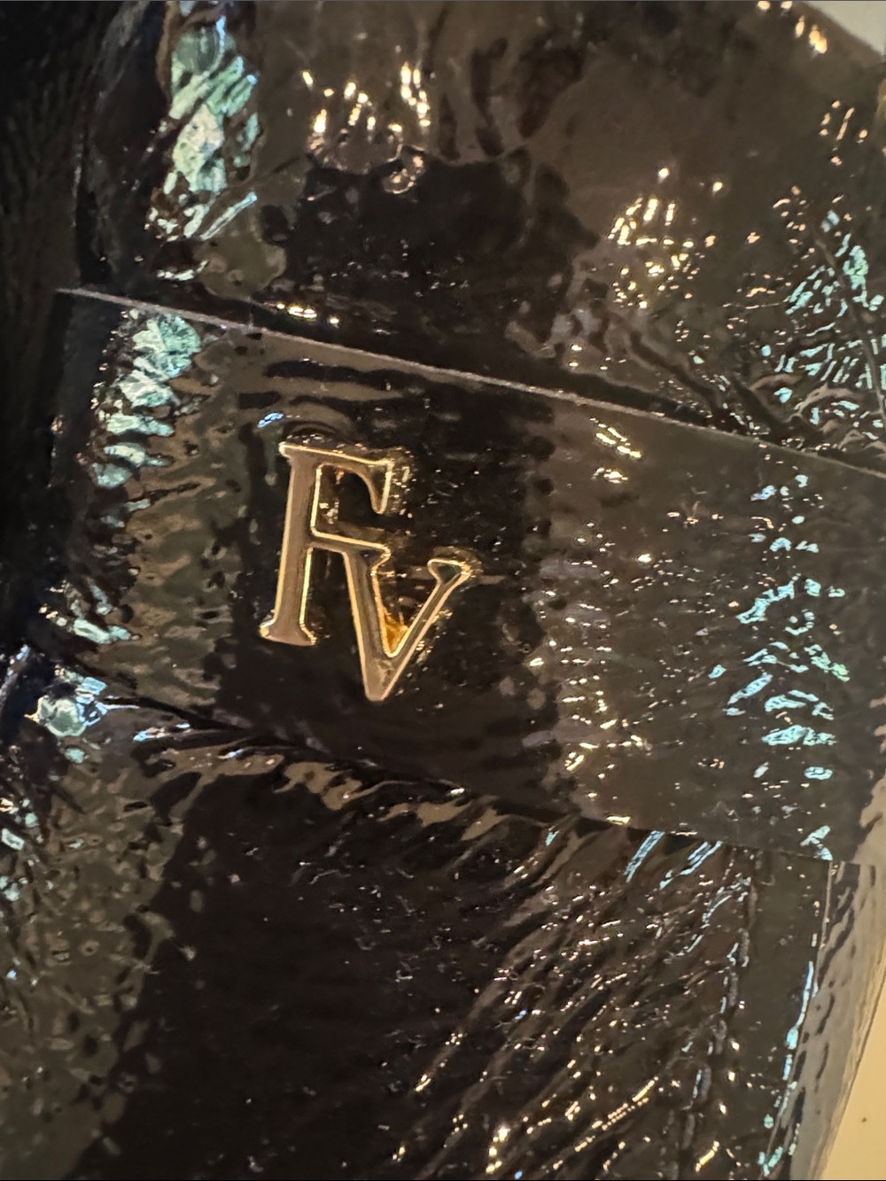 Frances Valentine Black crinkle soft Patent Loafers Gold FV Logo-Twiggy Loafer - Picture 9 of 11